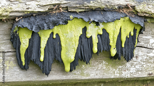 Abstract close-up of vibrant lime green and black lichen dripping from weathered wood.  Unique texture and color contrast.