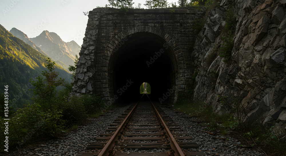 Fototapeta premium Train Tracks Leading Into a Dark Tunnel Through Mountains Landscape