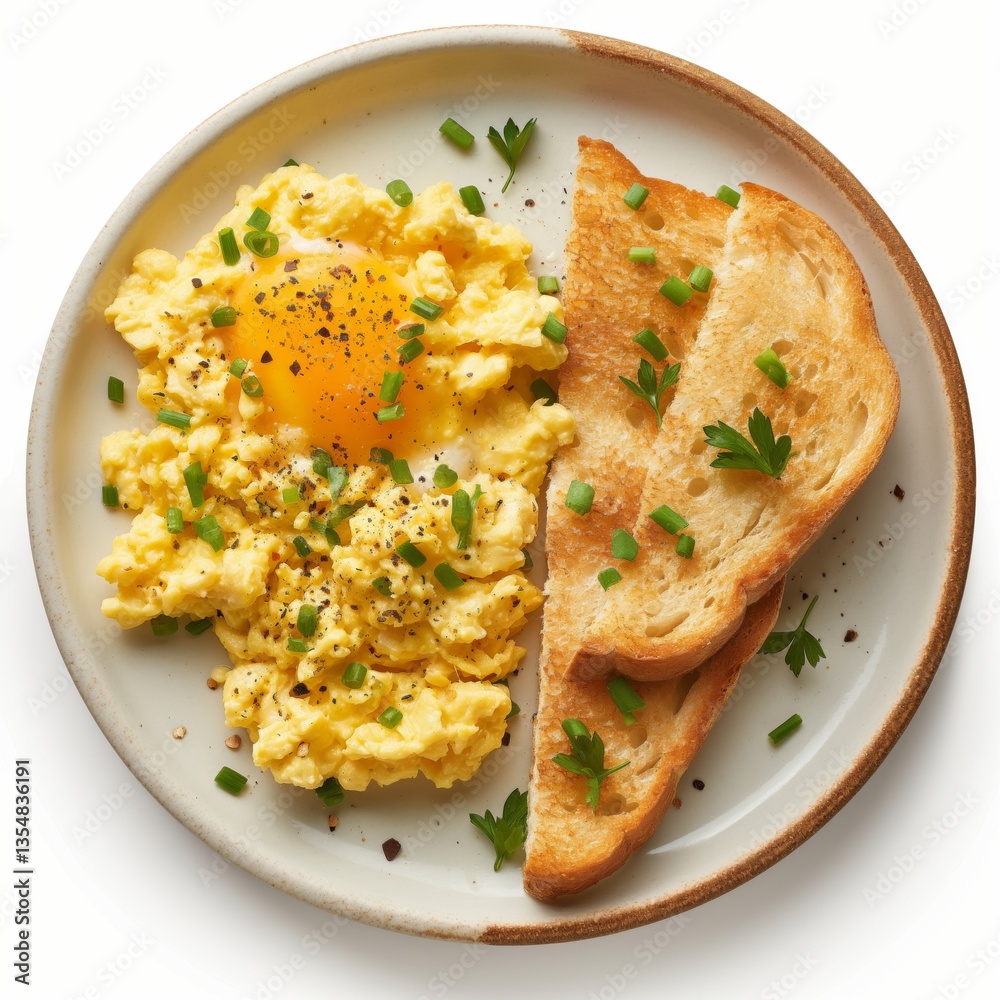 A delicious breakfast plate featuring fluffy scrambled eggs and golden toast, garnished with fresh herbs. A delicious breakfast plate featuring fluffy scrambled eggs and golden toast, garnished with fresh herbs.