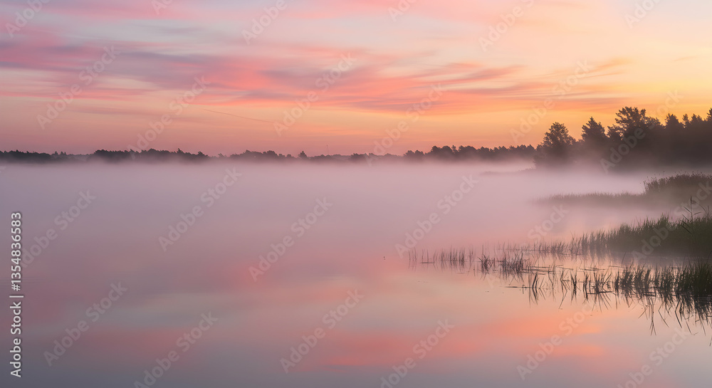 Tranquil Lake Scene with Mist and Colorful Sky Reflections at Sunset Tranquil Lake Scene with Mist and Colorful Sky Reflections at Sunset