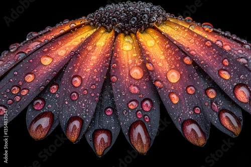 Close-up of a dark-colored flower with water droplets on its petals, vibrant colors, macro photography.