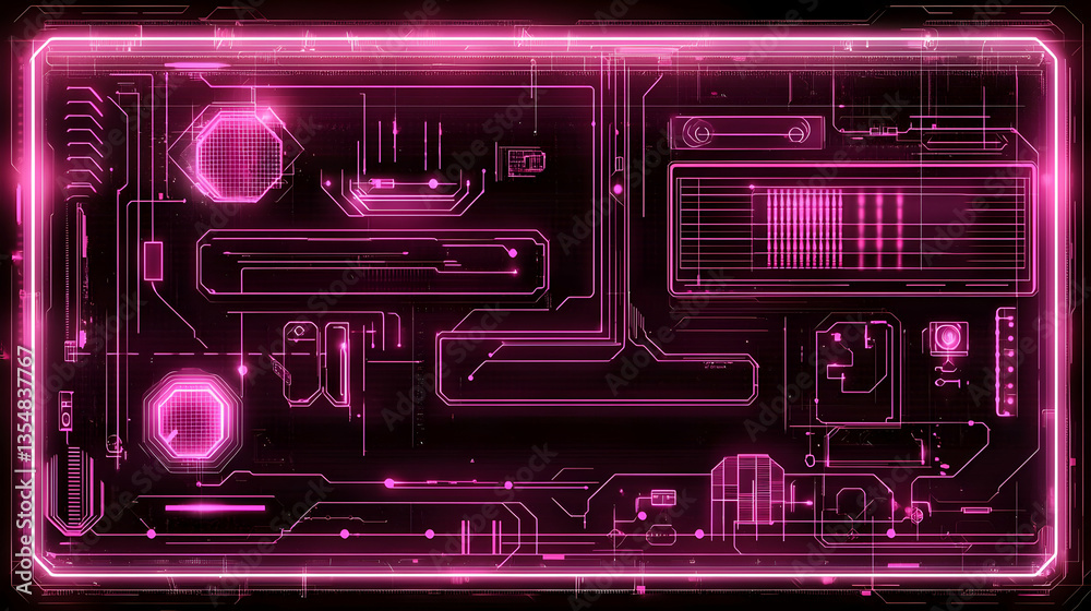Futuristic circuit board with glowing pink elements. Complex digital interface design with glowing components. High-tech, modern motherboard layout Futuristic circuit board with glowing pink elements. Complex digital interface design with glowing components. High-tech, modern motherboard layout