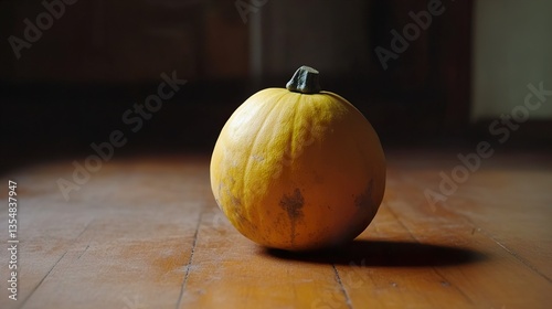 A Single Ripe Yellow Pumpkin on Wooden Floor