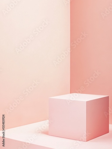 Geometric composition in shades of pink, featuring a cube and planes, creates a minimalist design