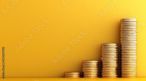 Gold coins stacked in a rising graph shape on a vibrant yellow background, symbolizing wealth and financial growth.