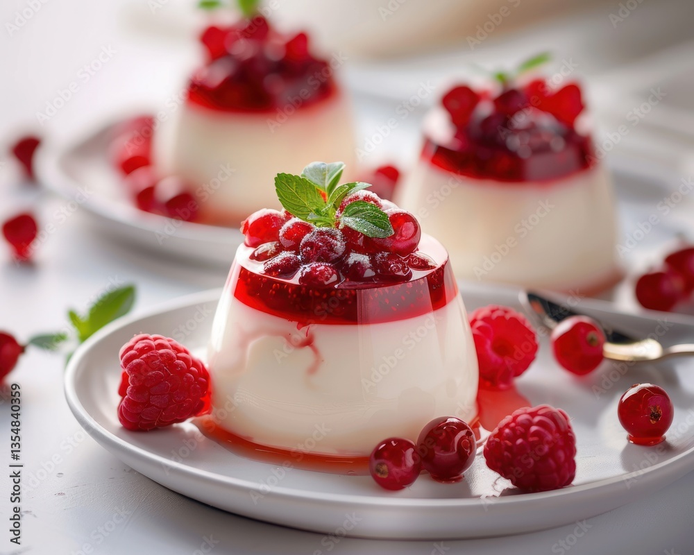 Panna cotta with raspberry coulis and fresh berries offers an elegant dessert in a refined setting Panna cotta with raspberry coulis and fresh berries offers an elegant dessert in a refined setting