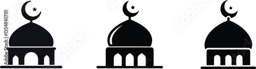 Minimalist Small Standalone Mosque Silhouette Icon Set of 3 with Crescent and Star
