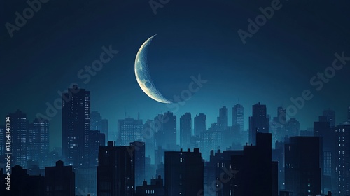Serene Urban Nightscape with Crescent Moon Over Silhouetted City Skyline in Calm Blue Atmosphere Reflecting Tranquility and Mystery of Nighttime