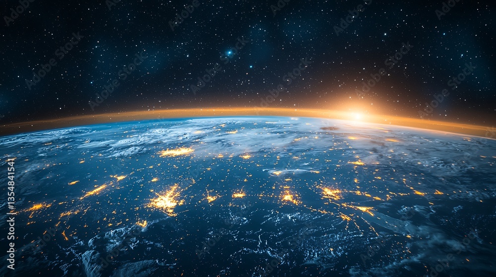 Obraz premium Stunning View of Earth from Space at Dawn with Glowing City Lights and Bright Stars in the Background