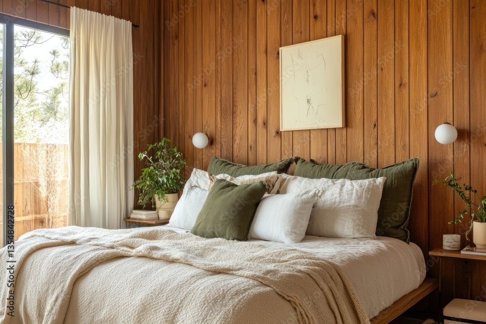 custom made wallpaper toronto digitalCozy bedroom with wood paneling, linen bedding, and plants.