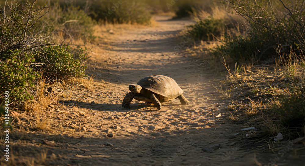 Fototapeta premium Desert Tortoise Walking on a Dirt Path During Sunny Day