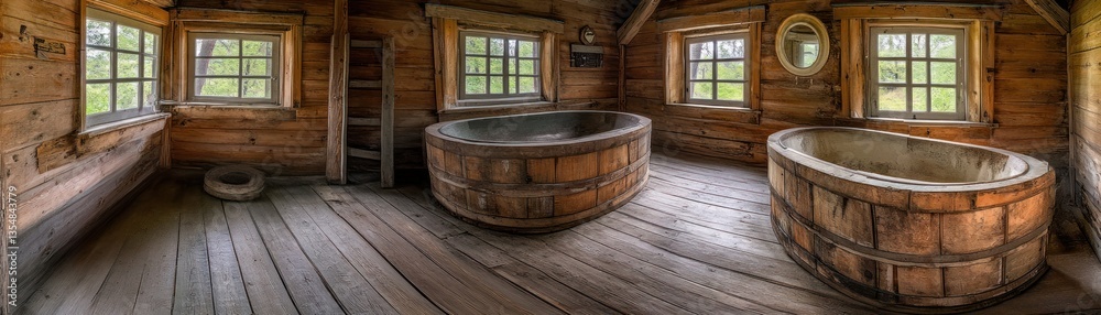 Wooden interior bathroom features bathtubs with windows showing the outside