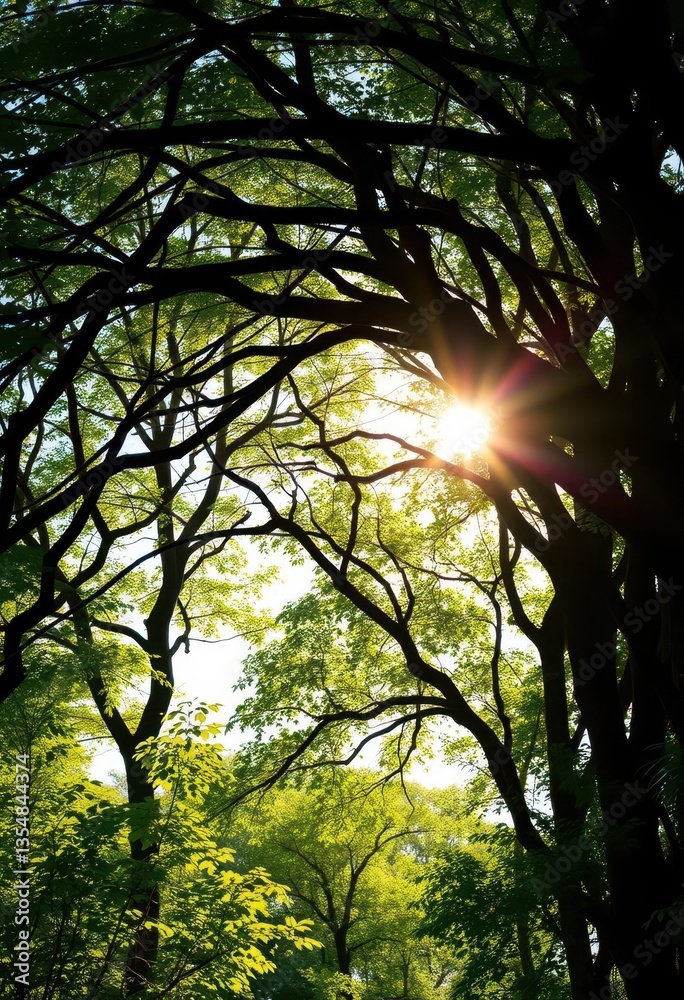 Obraz premium Sun-dappled forest arch of intertwined branches, scenic, leaves