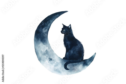 Watercolor black cat silhouette on a crescent moon