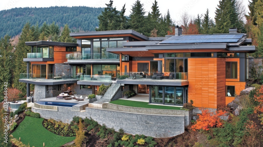 A luxurious modern home nestled in a natural wooded environment A luxurious modern home nestled in a natural wooded environment