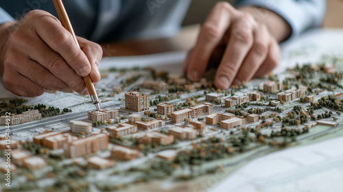 Blueprint for Growth â An urban planner marks out zones for housing and commerce on a detailed city blueprint, showing the expansion of the urban landscape.