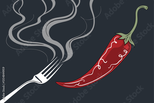 16 Red chili pepper, steaming hot, pierced by silver fork, dark background, wisps of smoke, dramatic lighting, high contrast, macro photography, food art, spicy, culinary concept, vibrant color, gloss