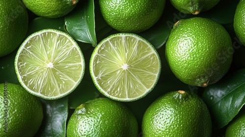 A pile of fresh, ripe limes with a vibrant color, showcasing their juicy texture and natural freshness, perfect for a healthy boost of vitamin C