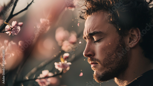 Allergy Struggles â A man stands outdoors, wincing as pollen from flowering trees fills the air. His eyes are red and swollen. photo