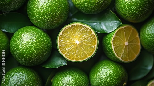 A pile of fresh, ripe limes with a vibrant color, showcasing their juicy texture and natural freshness, perfect for a healthy boost of vitamin C