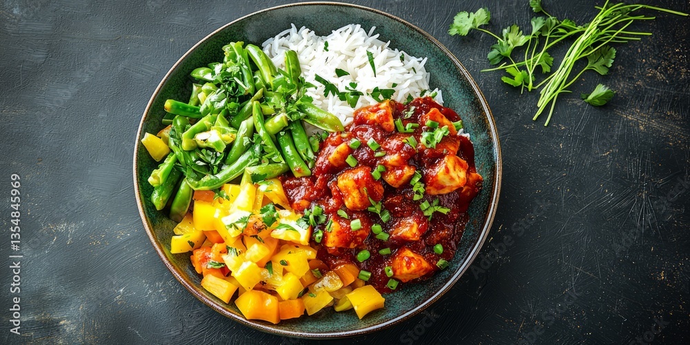 Colorful Plate of Chicken with Rice and Fresh Vegetables Delight Colorful Plate of Chicken with Rice and Fresh Vegetables Delight