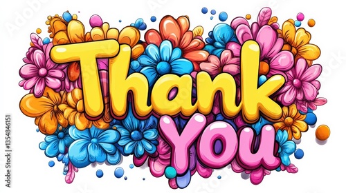 Vibrant and Colorful Floral Design with Bold Thank You Text in Whimsical Style Perfect for Greeting Cards, Invitations, or Digital Celebrations