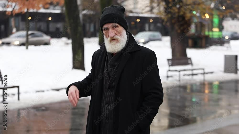 Elderly wise man with long gray beard thoughtfully waving his index finger while standing and thinking Elderly wise man with long gray beard thoughtfully waving his index finger while standing and thinking