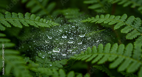 Dew Drops on Spiderweb Among Green Ferns in Natural Habitat