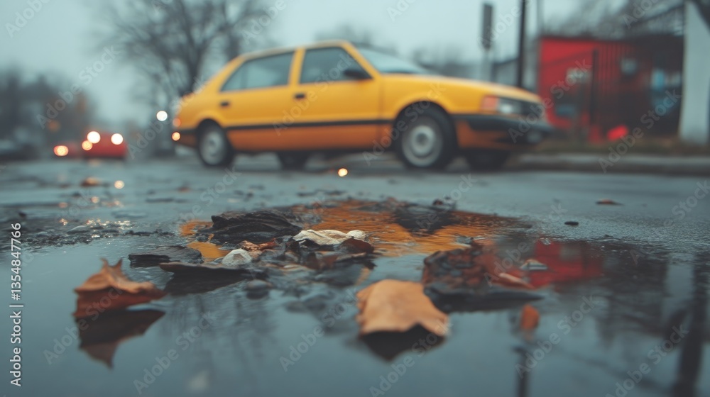 Fototapeta premium Rainy city street, puddle with fallen leaves. A yellow car passes by in the background
