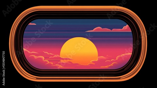 Vibrant Sunset View Through a Round Window with Golden Sun and Colorful Clouds Illustrating Serenity and Natural Beauty