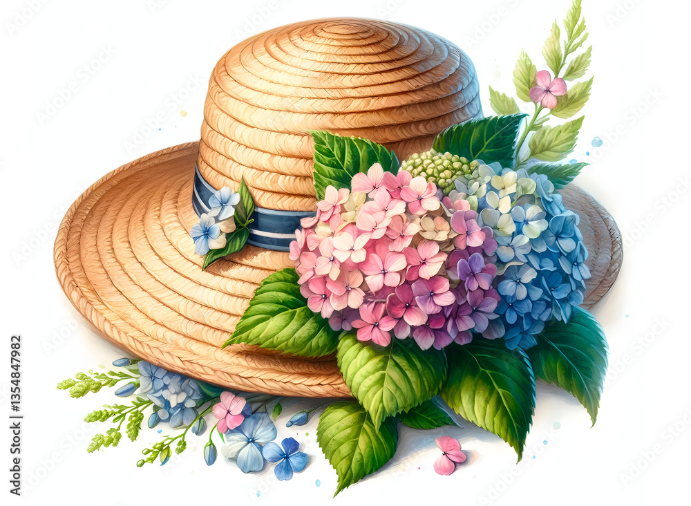 Feminine and chic straw hat with blooming Blue and Pink Hydrangeas spring. Perfect for lovers botanical beauty. floral design is for a spring and summer card, poster, rustic wedding.