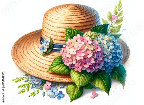 Obraz na płótnie Feminine and chic straw hat with blooming Blue and Pink Hydrangeas spring. Perfect for lovers botanical beauty. floral design is for a spring and summer card, poster, rustic wedding. w salonie