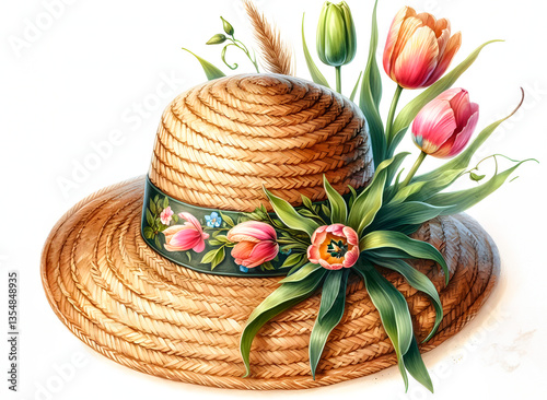 Obraz na płótnie Feminine straw hat with blooming Pink tulips captures the essence of spring. Perfect for lovers botanical. This floral design is perfect for a spring and summer card, poster, rustic wedding w salonie