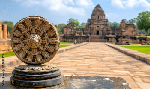 Ancient Dharmachakra stone carving in foreground, blurred background showcasing a historical temple in Thailand.  Spiritual serenity and cultural heritage.