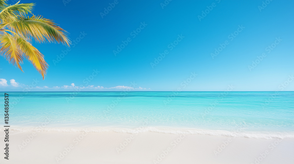 Fototapeta premium Idyllic Tropical Beach with Palm Tree, White Sand, and Clear Turquoise Water