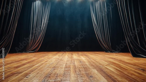 Empty theater stage with dramatic curtains and warm wooden floor, awaiting a performance under bright stage lights, atmospheric and artistic backdrop