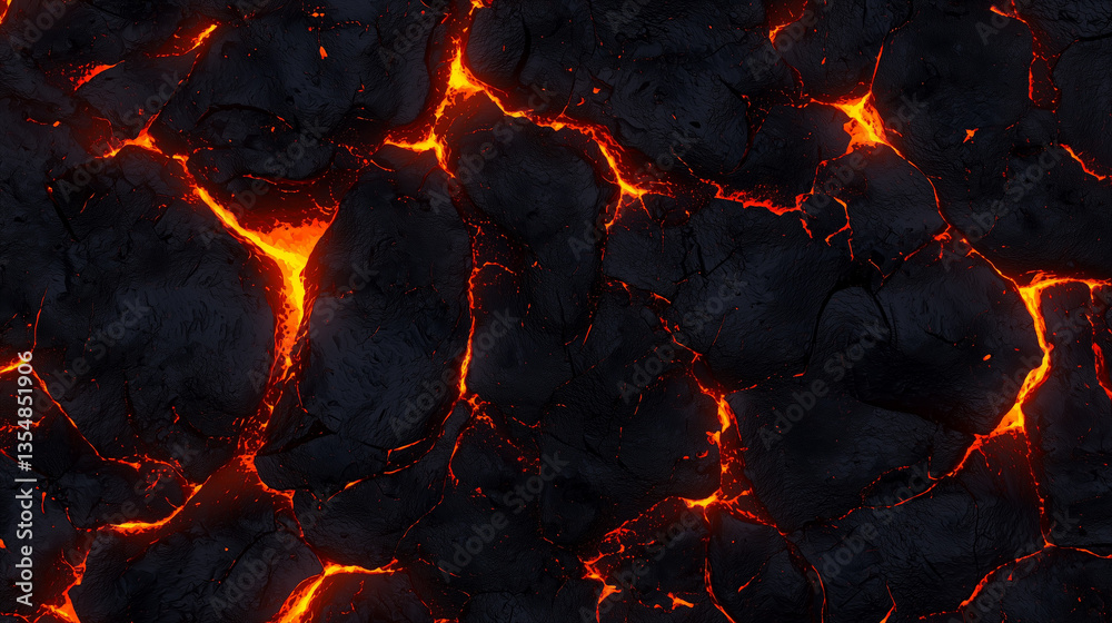Molten lava texture with glowing cracks and dark volcanic rock Molten lava texture with glowing cracks and dark volcanic rock
