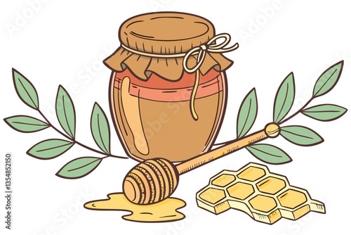 17 Honey jar with burlap lid, golden honeycomb, dripping honey, honey dipper, green leaves, white background, macro photography, soft lighting, high resolution, vibrant colors, detailed textures, appe