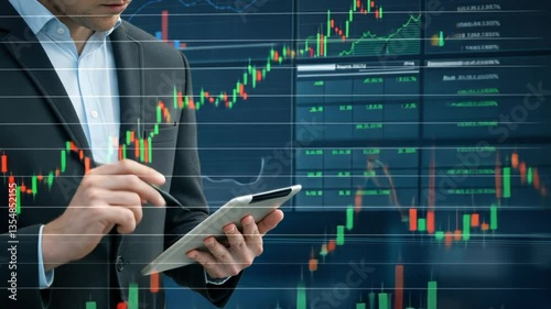A corporate executive analyzing stock market performance on multiple digital screens in a high-tech trading environment.