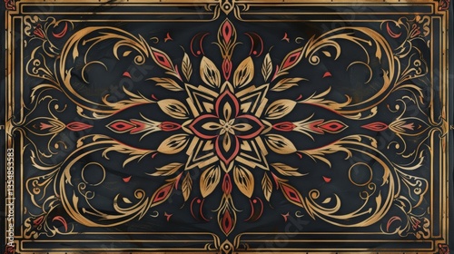 Ornate decorative panel, symmetrical design,  dark background, floral patterns.  Use wall art, print, textile, background