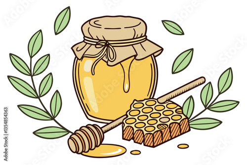 17 Honey jar with burlap lid, golden honeycomb, dripping honey, honey dipper, green leaves, white background, macro photography, soft lighting, high resolution, vibrant colors, detailed textures, appe