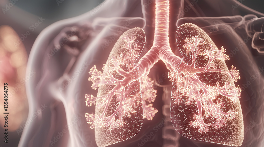 Breathing Illnesses â A close-up of human lungs with glowing circulatory system, depicting bronchitis, pneumonia, and other lung diseases.