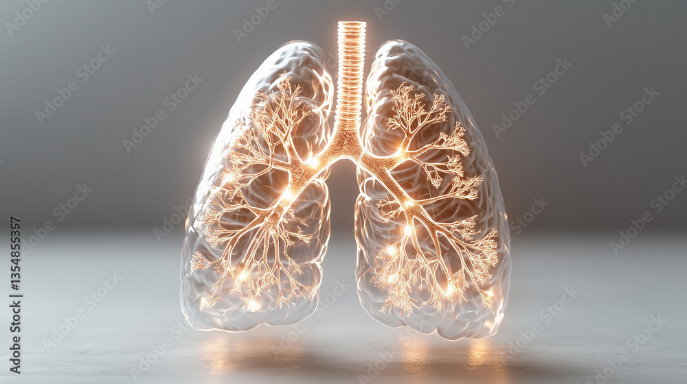 Human Lungs with Glowing Vessels â Lungs with illuminated arteries, veins, and capillaries, representing pneumonia and bronchitis.