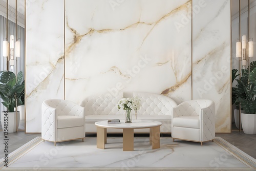 Elegant White Living Room Set with Marble Accent Wall