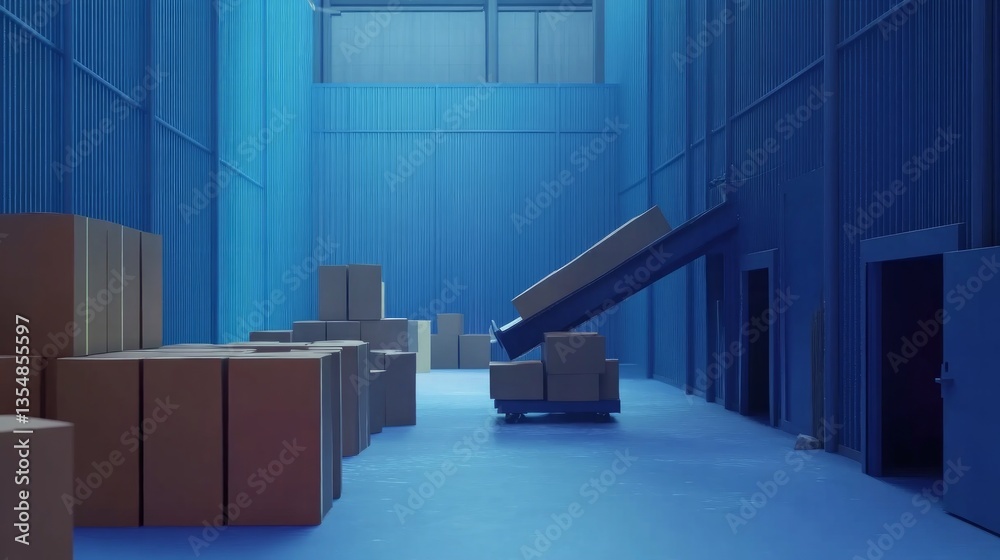 Naklejka premium conveyor with a lot of boxes in a warehouse with a blue walls
