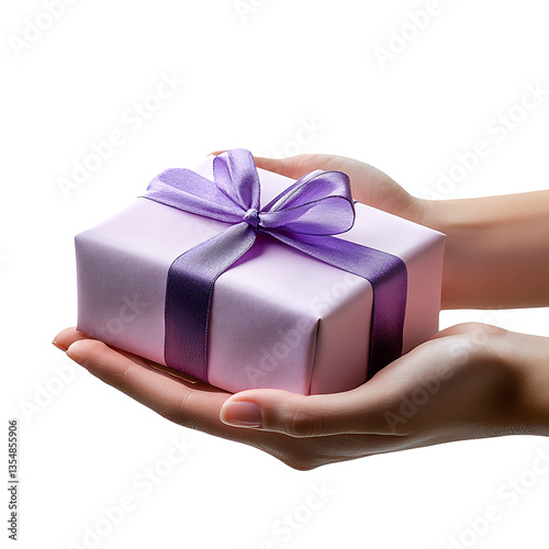 person is holding beautifully wrapped gift box with purple ribbon, symbolizing generosity and celebration. This evokes feelings of joy and anticipation