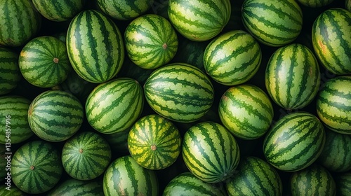 A pile of ripe watermelons with vibrant green stripes, showcasing their freshness and juicy sweetness in a market or farm setting.