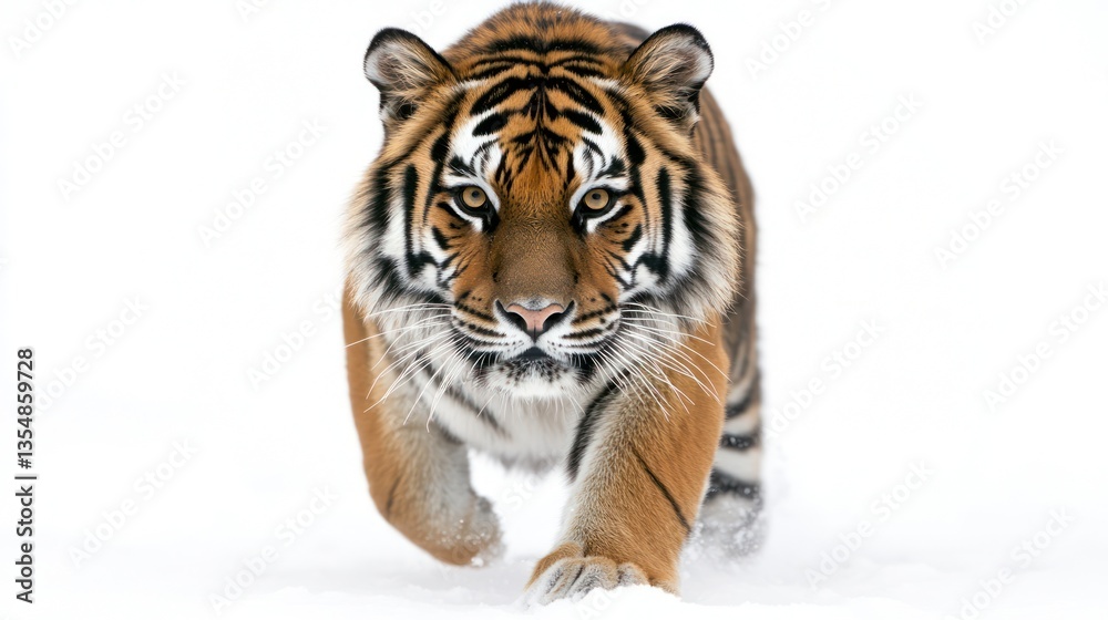 Fototapeta premium Tiger in snow, head-on, wildlife, powerful stance