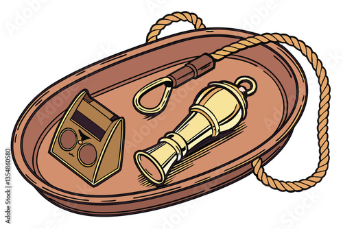18 Copper tray, antique whistle, vintage referee whistle, golden metal, wooden handle, shiny metallic surface, oval shape, reflective copper, sports official equipment, nostalgic objects, warm tones, 