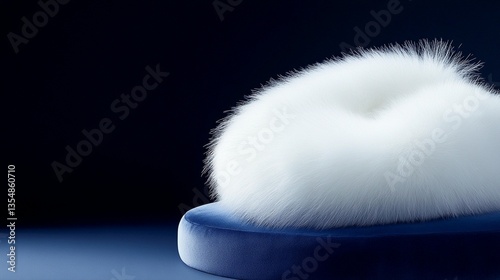 Fluffy white fur pompom on blue velvet surface.